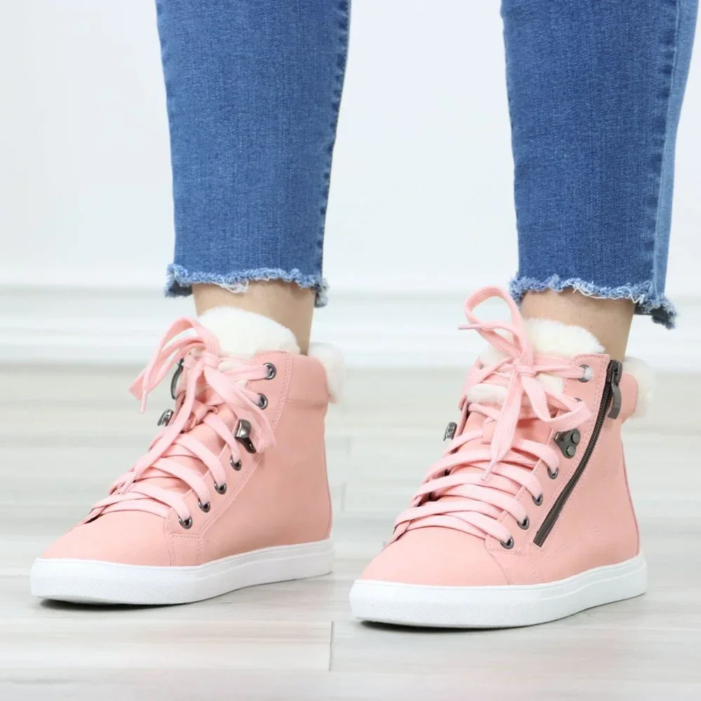 Pink Fashion High Tops Sneakers Shoes Fuzzy Ankle - Picture 11 of 11